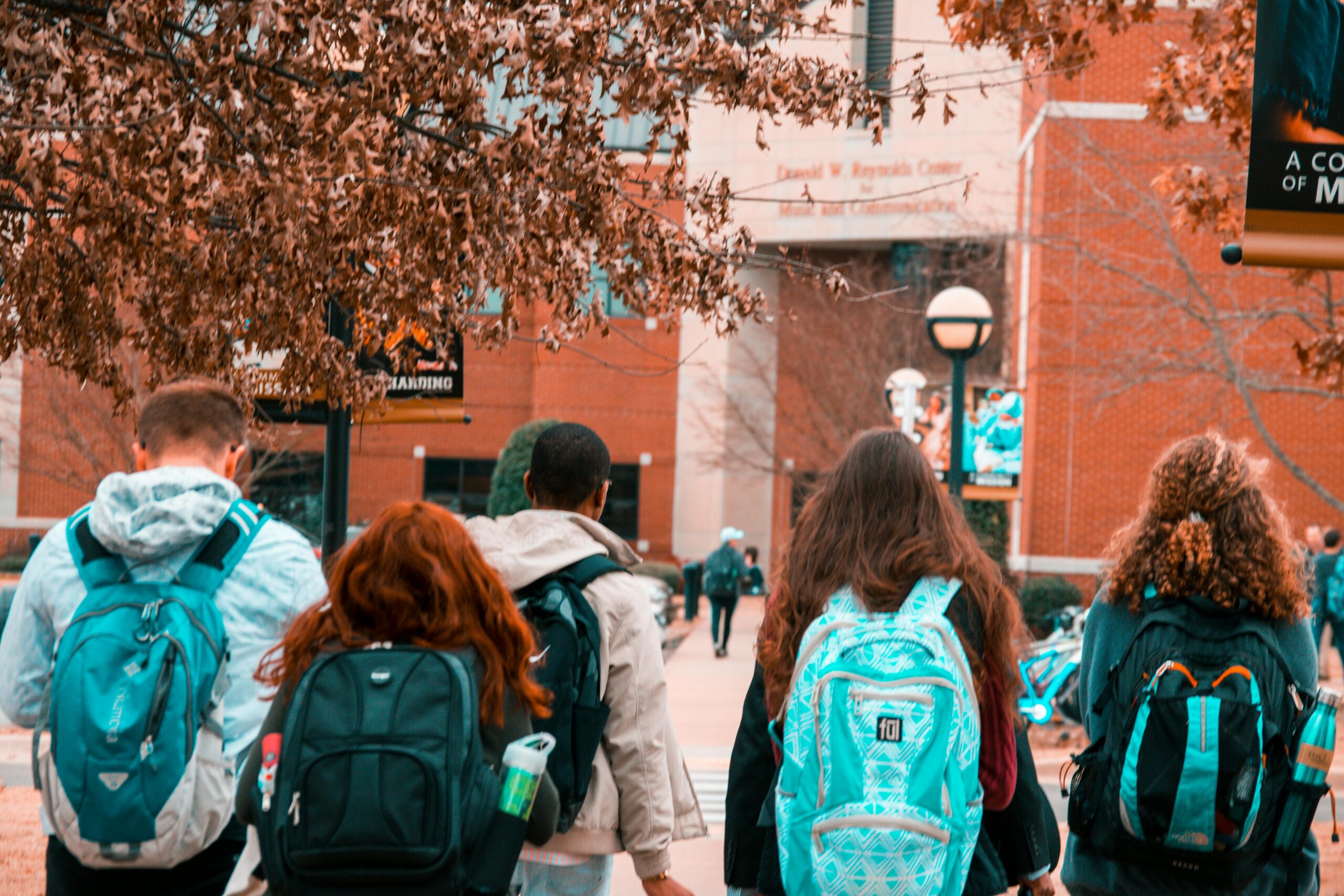 Cinq étudiants de dos qui sont en direction vers l'école.